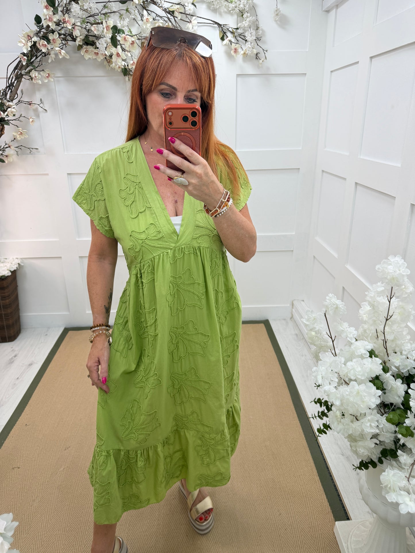 April: Floral embroidered belted midi dress. One size: 10-16. 3 colours