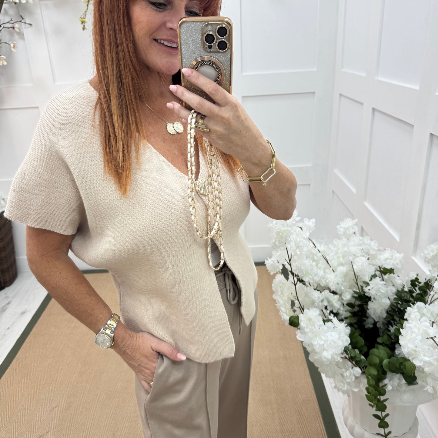 Sammi: Cream V neck gold button top. One size: 10-16