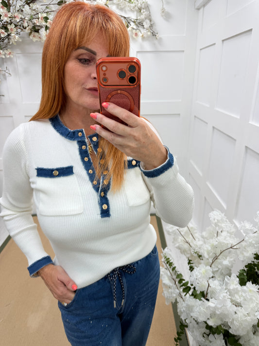 Darla: Denim outline gold button fine knit top. 2 sizes. 2 colours