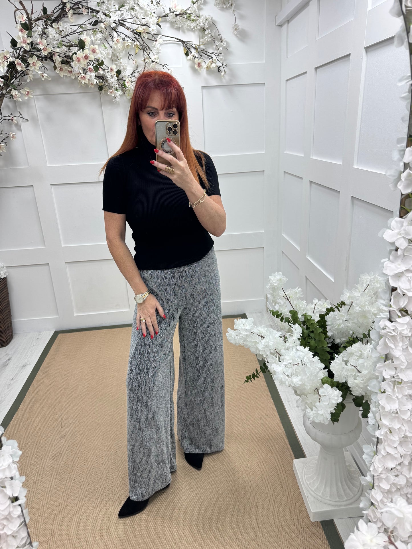 Sandy: Silver lurex wide leg trousers. One size: 12-18