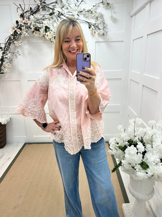 Emily: Pink floral embroidered shirt. One size: 14-20