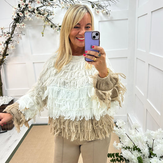 Indi: Mocha & cream shaggy knit top. One size: 12-18