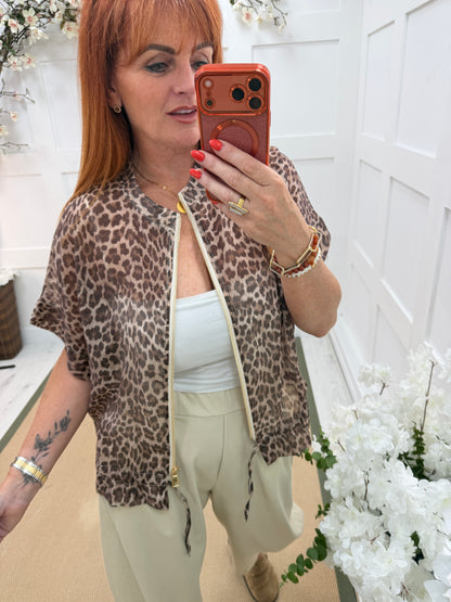 Liberty: Brown silky leopard print bomber jacket. One size: 10-16