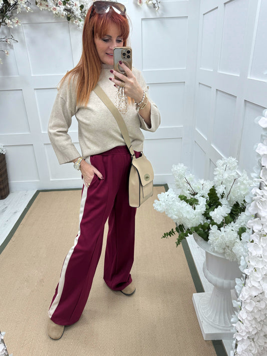 Savanna: Burgundy cream sport stripe stretchy wide leg pocket trousers. One size 10-16