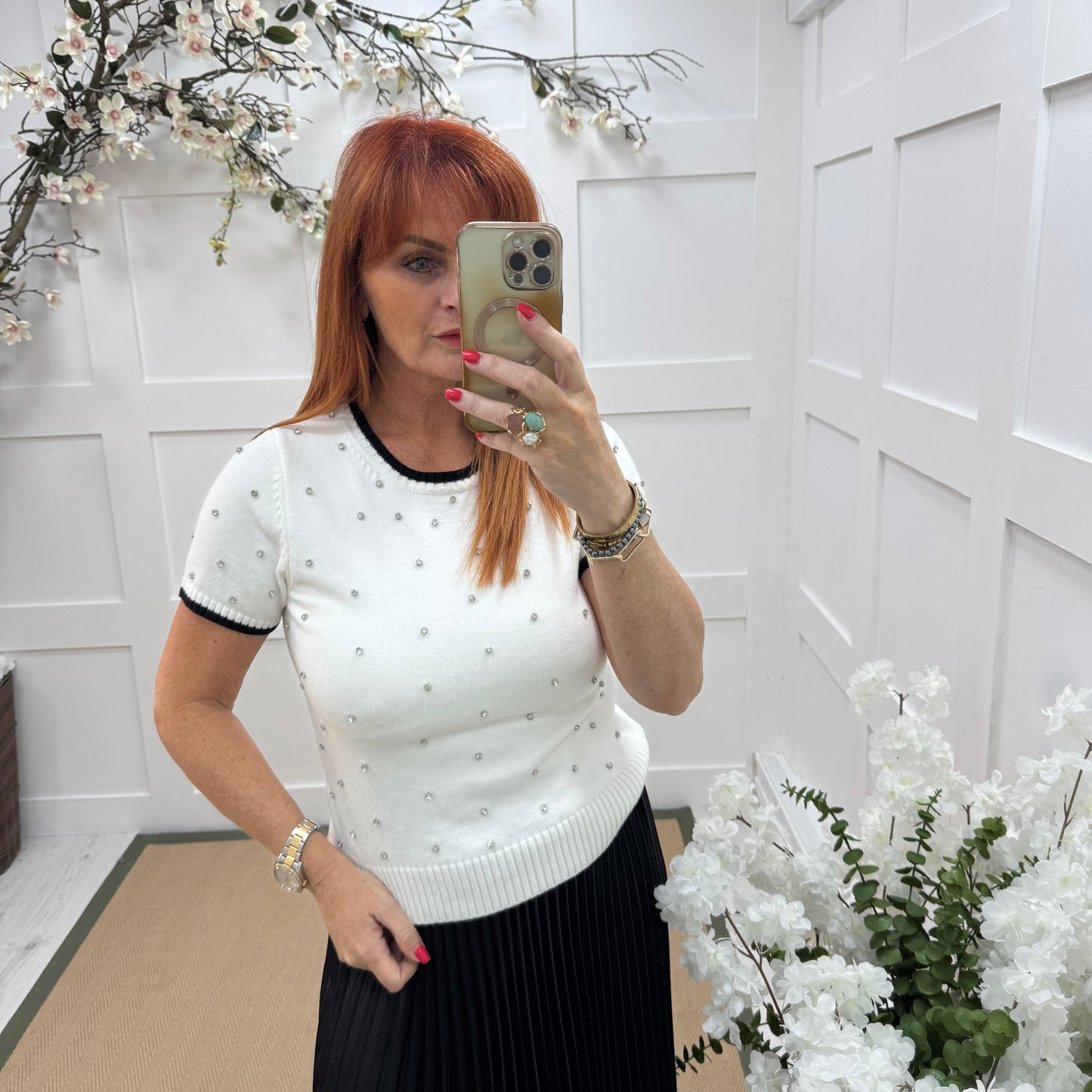 Noelle: White stretchy knit rhinestone top. 2 sizes