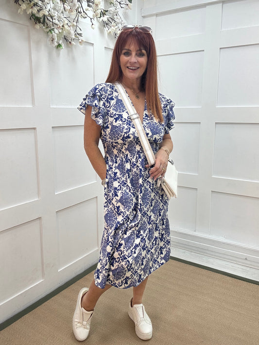 Robyn: Blue & white stretchy V neck midi dress. One size: 10-18