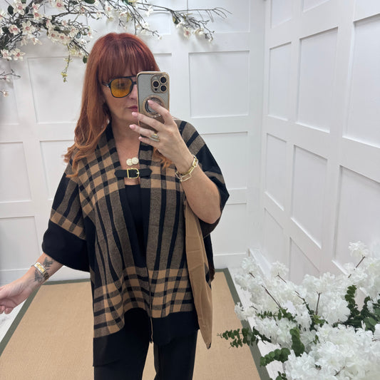 Karla: Brown check wool  cape. Free size