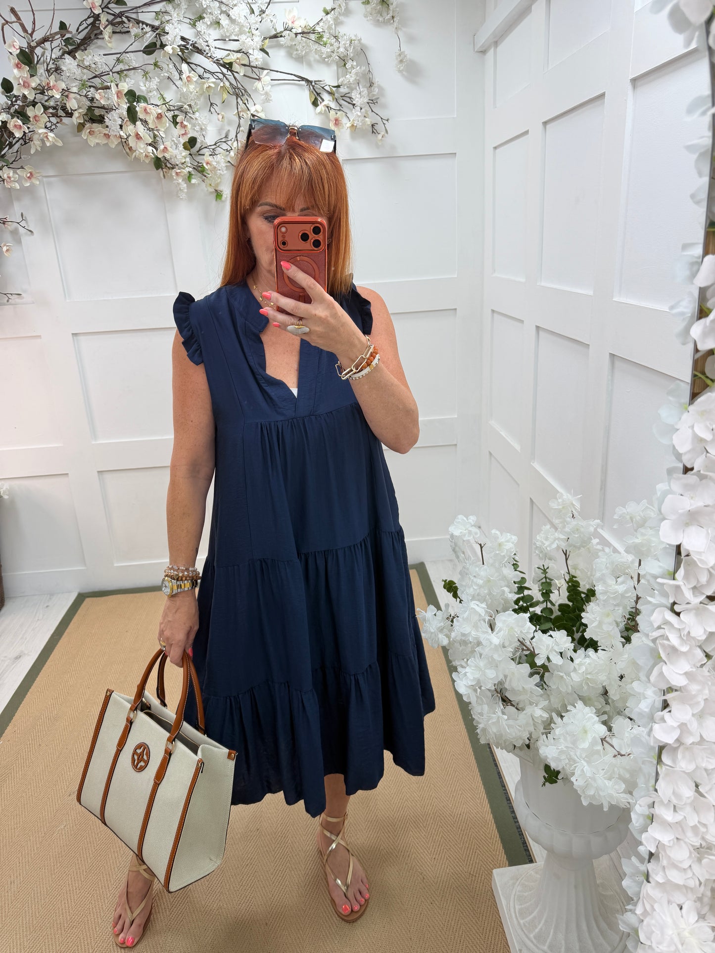 Imogen: Plain sleeveless tiered midi dress. One size: 10-14. 5 colours