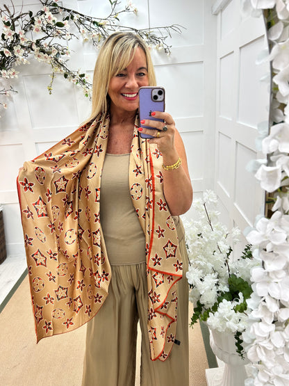 Sally: Sand & orange designer inspired silk scarf