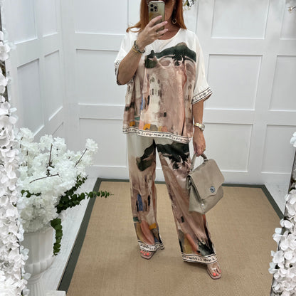 Sophia: Cream silk Amalfi wide leg trousers. One size: 10-16