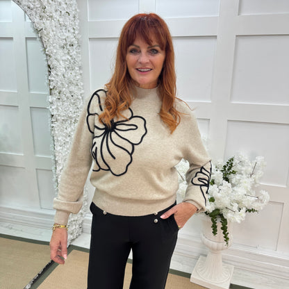 Danni: Cream embroidered big flower top. One Size 12-18