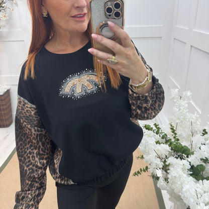 Maya: Black leopard print diamanté logo sweatshirt. One size: 14-18