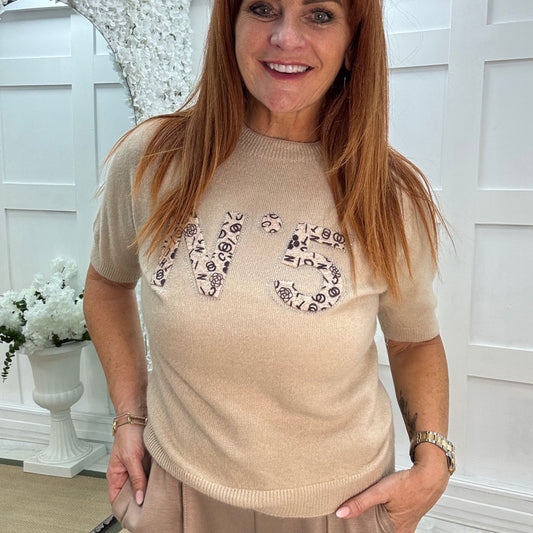 Chantelle: Cream No 5 logo knit top. One size: 10-16