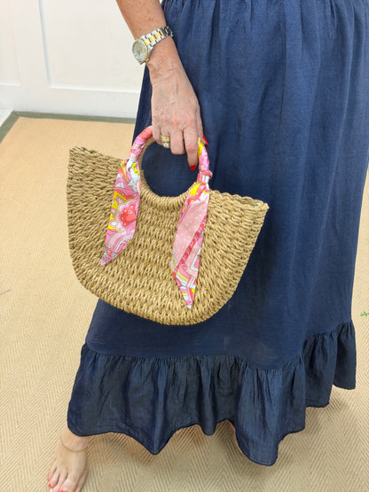 Celine: Medium woven basket bag with patterned scarf. 3 colours