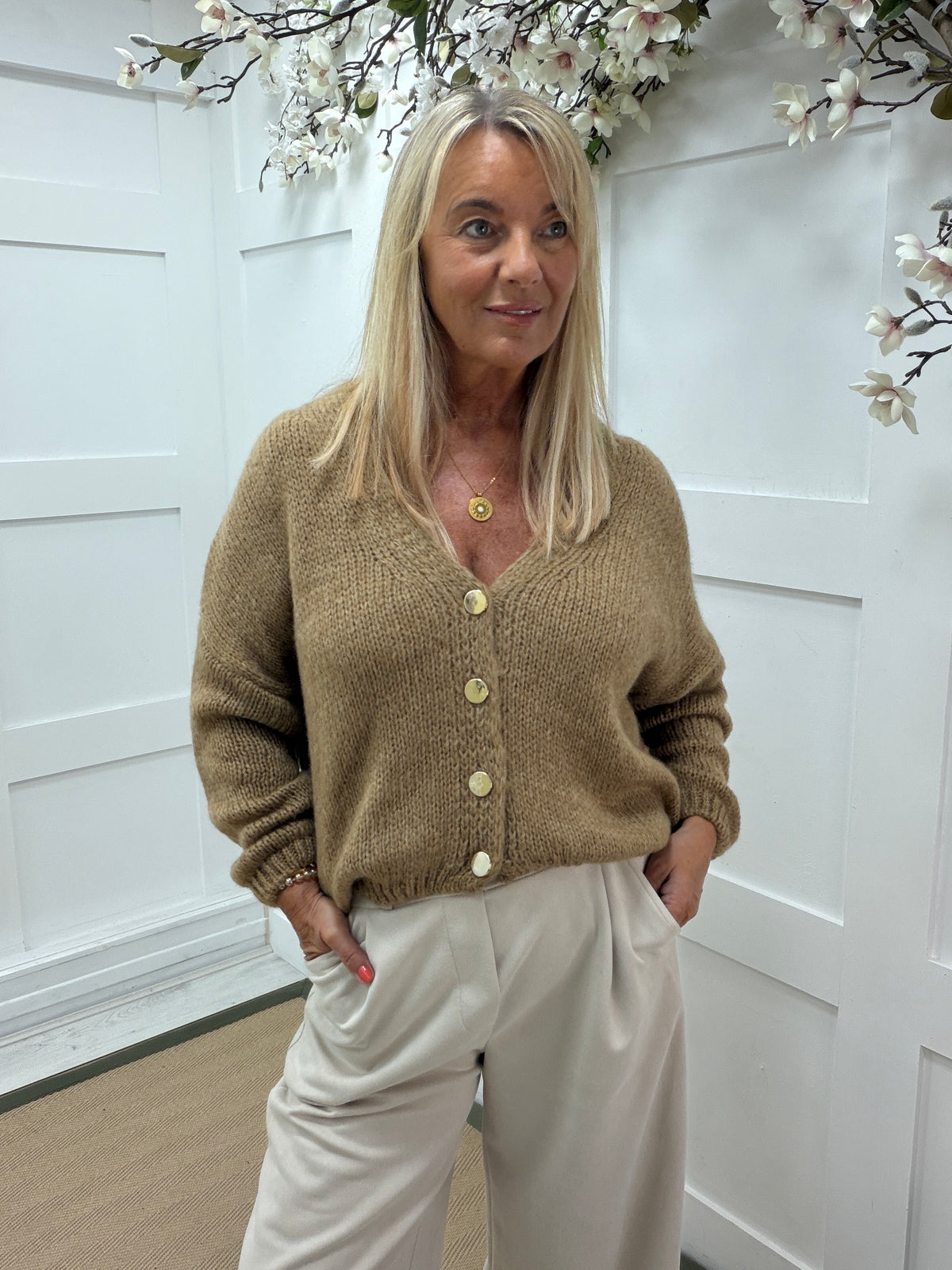 Cora: Slouchy gold button cardigan. One size: 12-18/20 3 colours