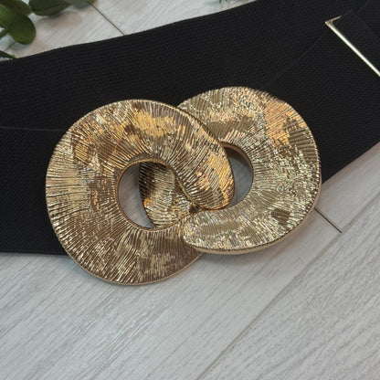 Ellie: Black & gold statementbelt. One size: 8-18