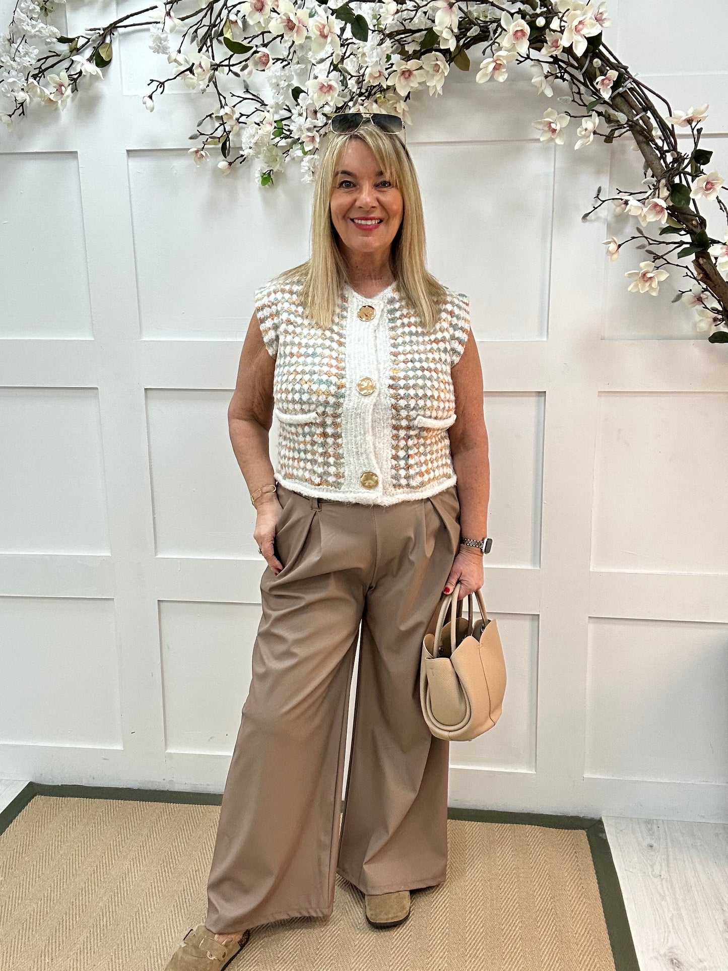 Katie: Multicoloured gold button knit waistcoat. One size: 14-18