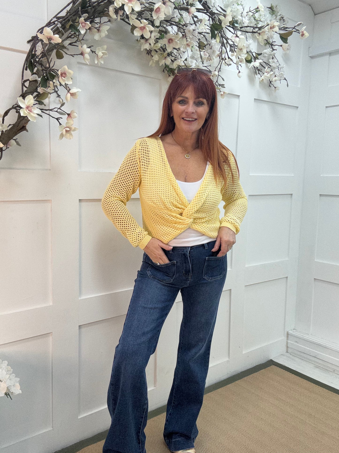 Kiera: Lemon open knit knot top. One size: 12-16