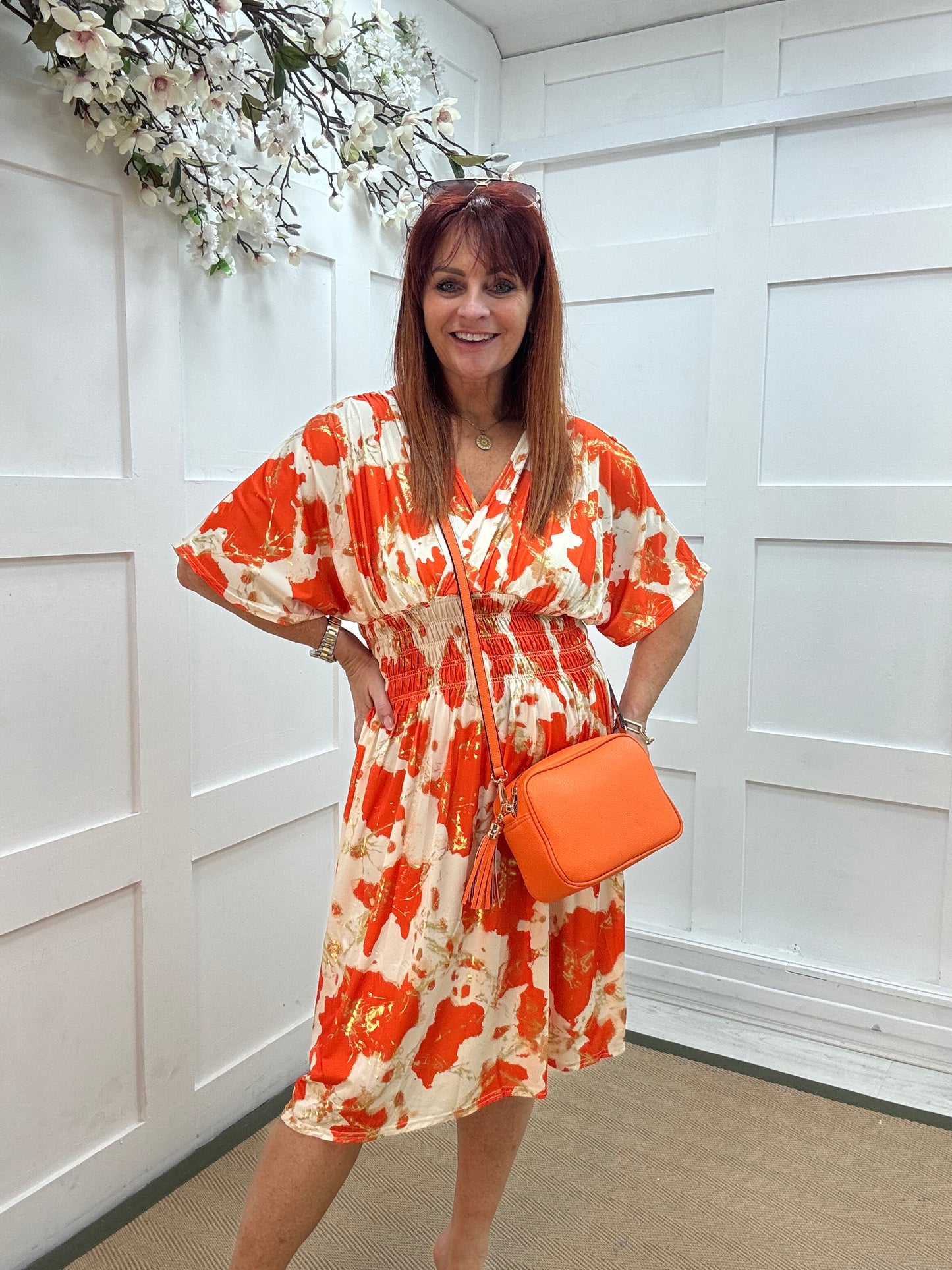 Dixi: Orange & cream stretchy midi wrap dress. One size 12-22