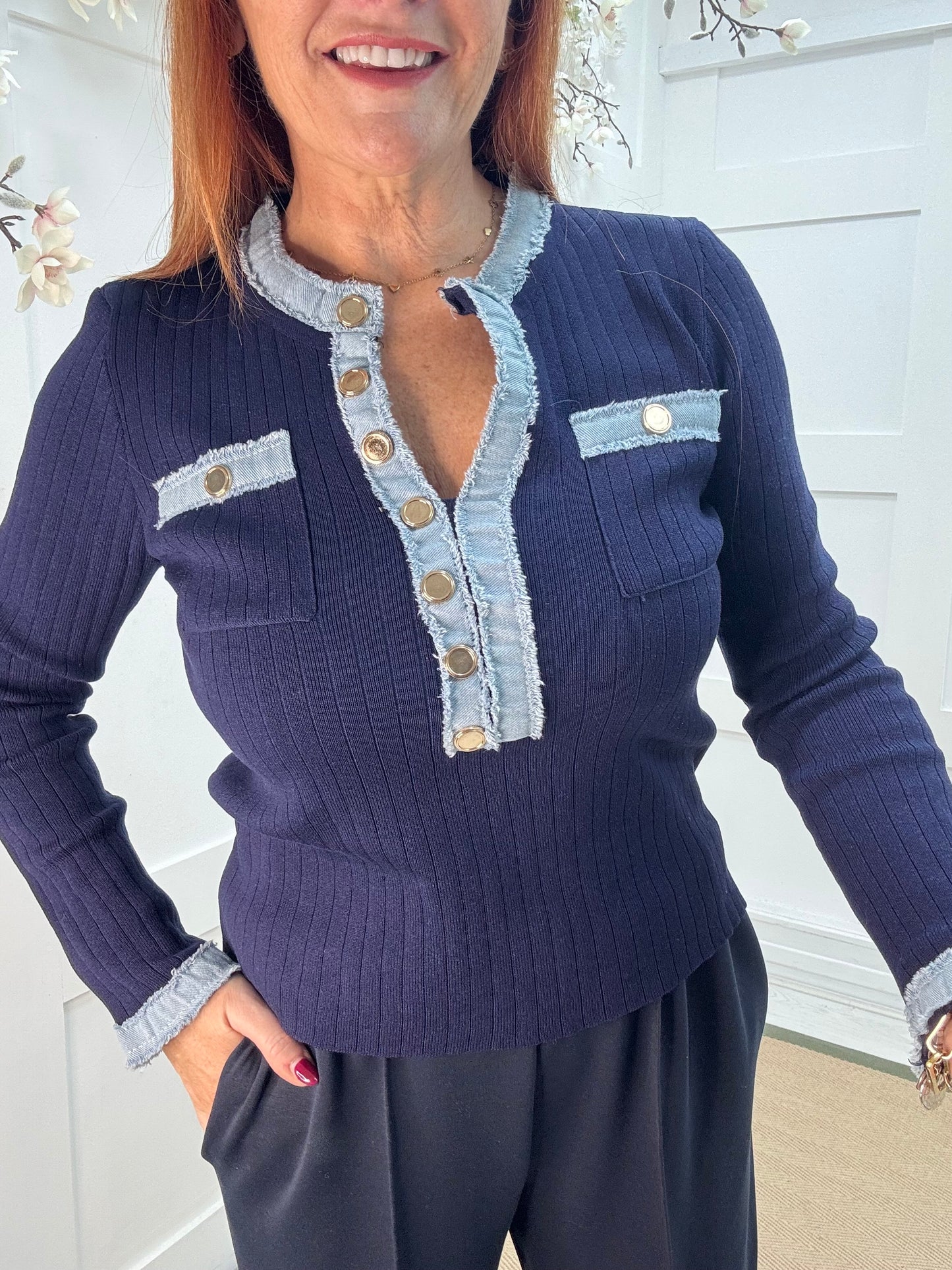 Harley: Navy blue & denim long sleeve top. One Sz: 10-16