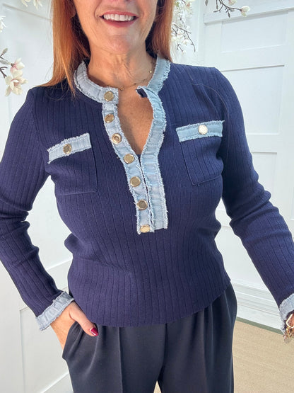 Harley: Navy blue & denim long sleeve top. One Sz: 10-16