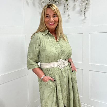 Adele: Khaki embroidered pocket shirt dress. One size: 16-24