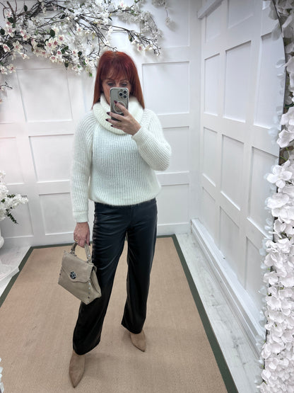 Farren: Black faux leather trousers. Sizes 8-16