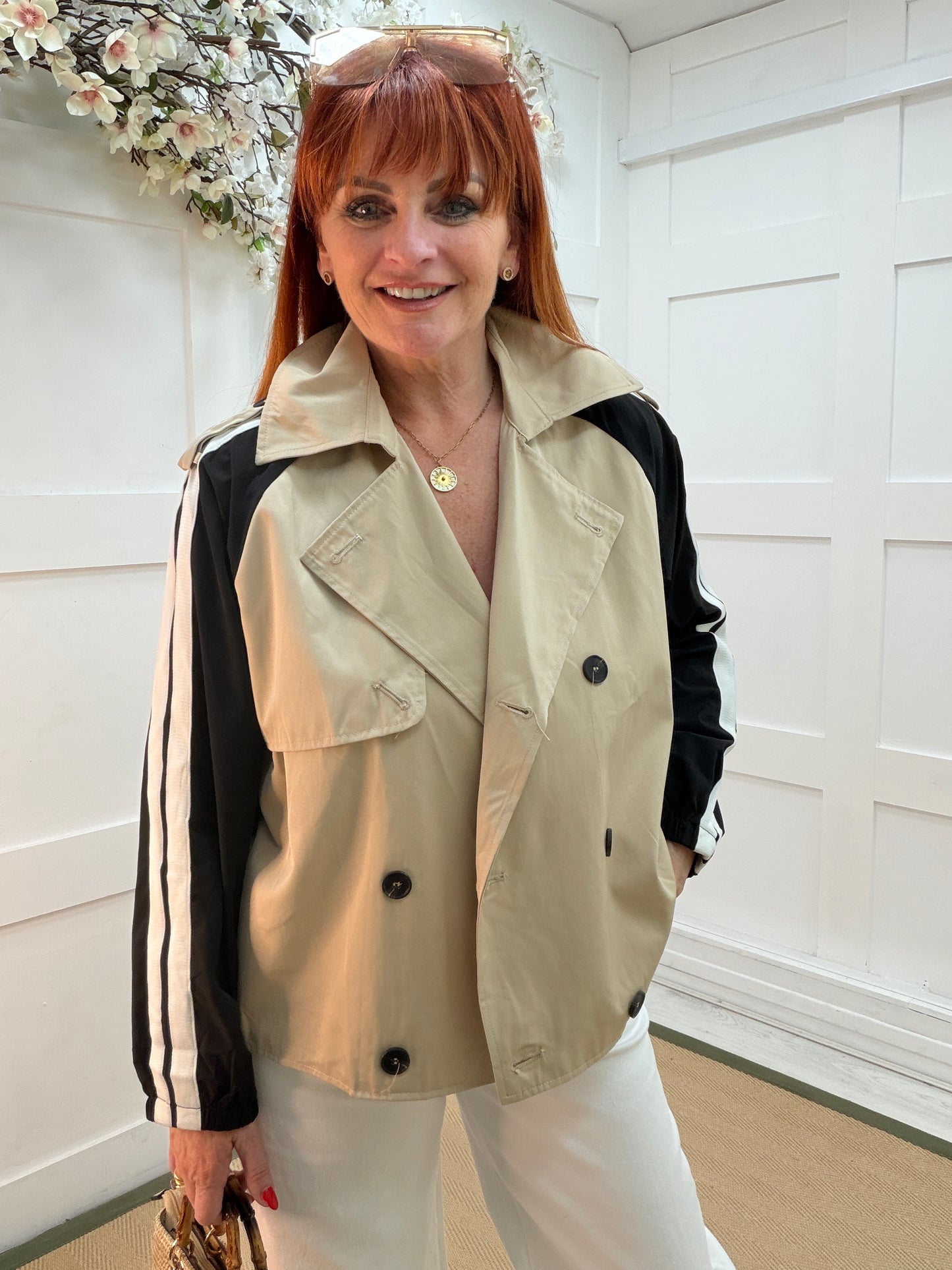 Carmen: Cream and black cropped trench jacket. 2 sizes.
