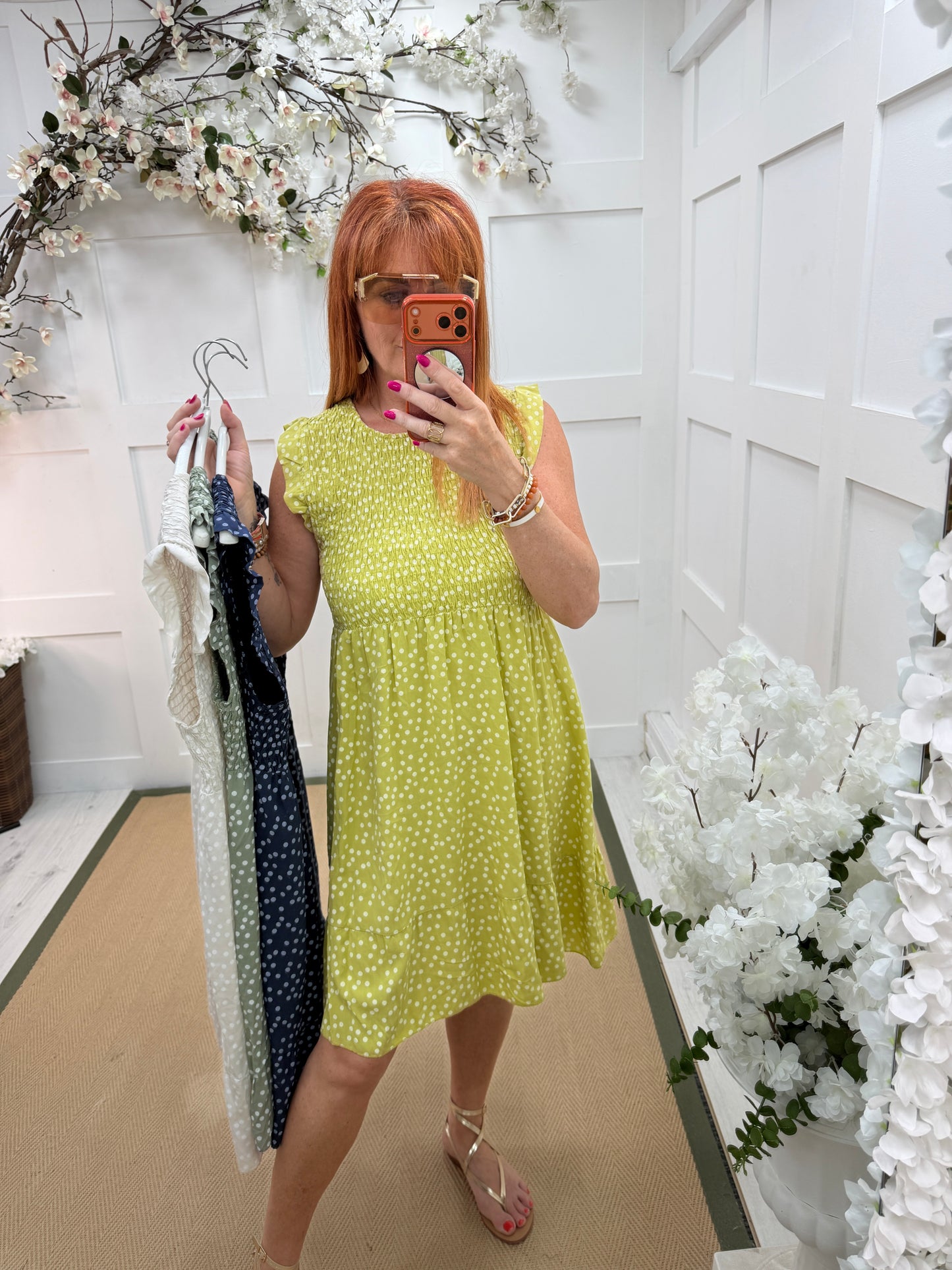 Fern: Spotty shirred short dress. One size 10-16. 4 colours