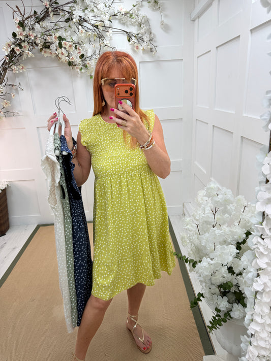 Fern: Spotty shirred short dress. One size 10-16. 4 colours