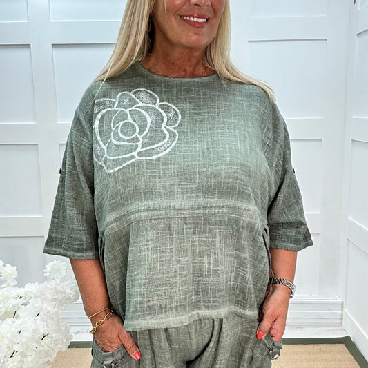 Marisol: Khaki Made in Italy cotton flower top. Sizes: 16-20