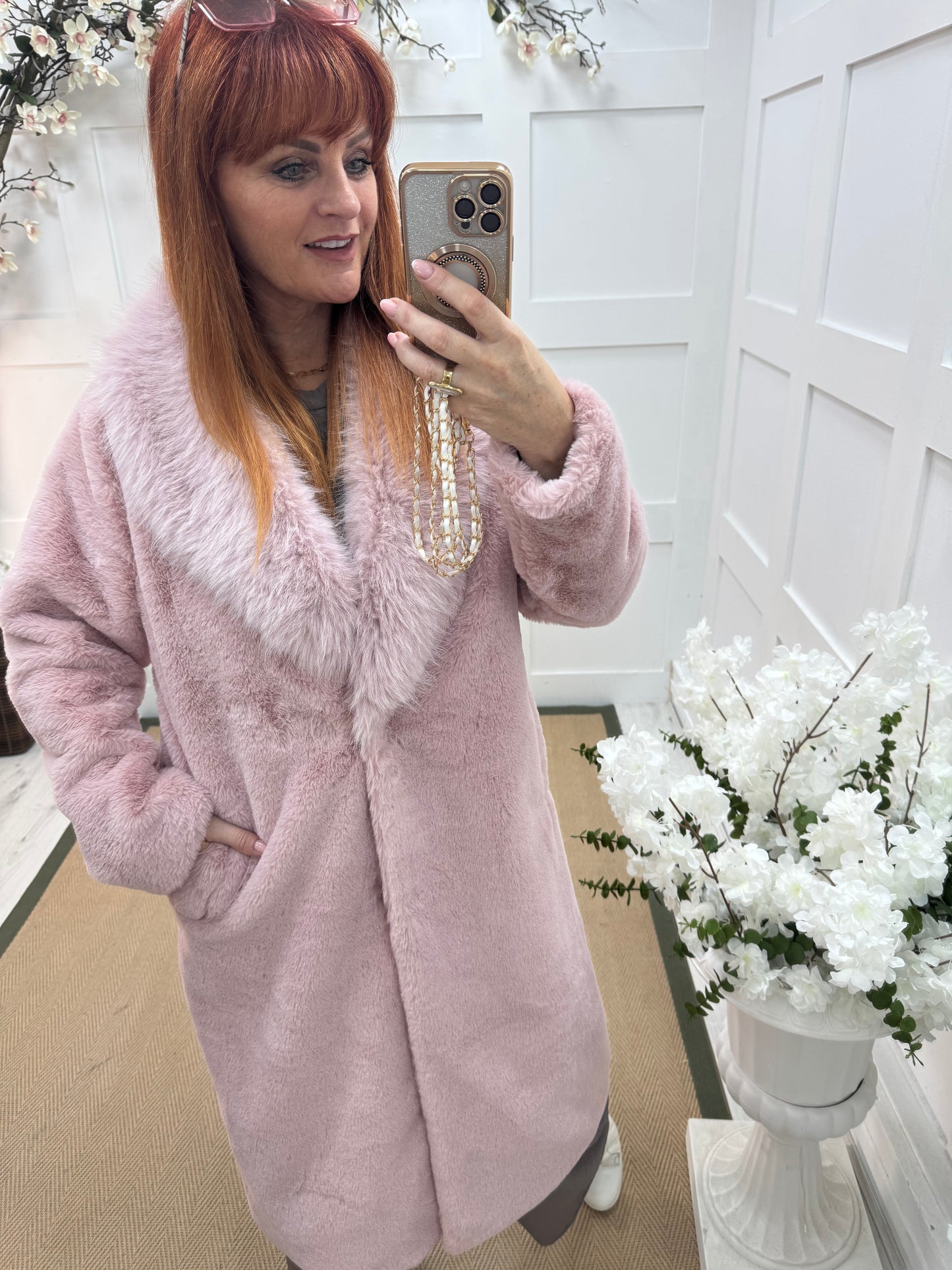 Madeleine: Baby pink long faux fur coat . One size 12-18