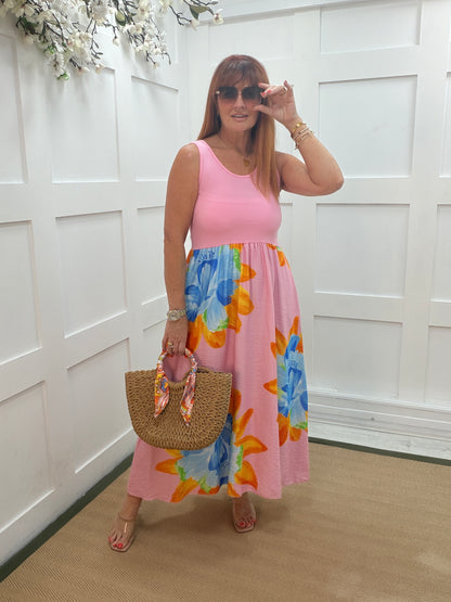 Florrie: Sleeveless floral midi dress. Sizes: 10-16. 3 colours