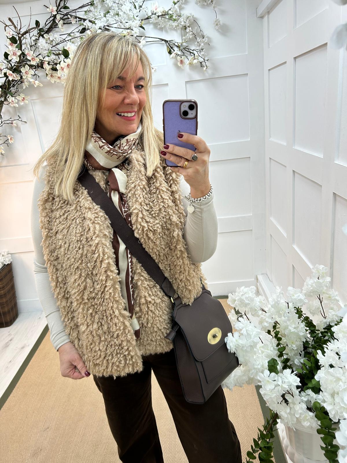 Hassie: Camel teddy bear gilet. One size 16-20