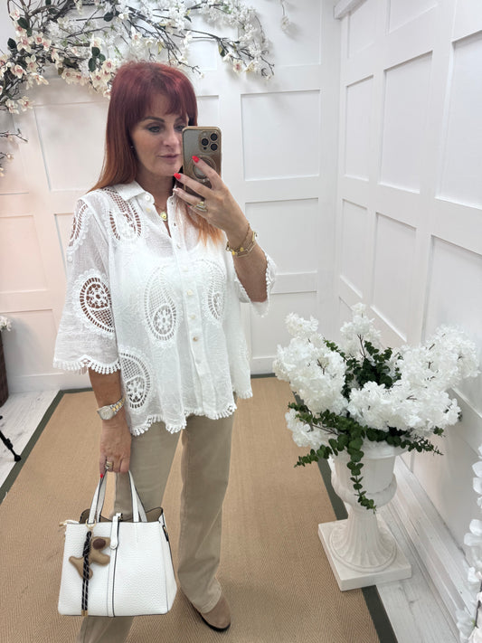 India: White cotton crochet shirt . One size: 14-18