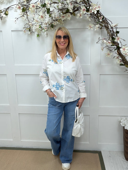 Sienna: Blue & white floral embroidered shirt. 4 sizes.