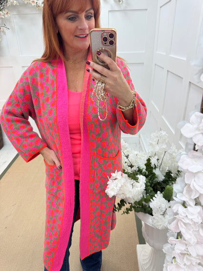 Scarlet: Pink & orange leopard print knit cardigan. One size 10-18