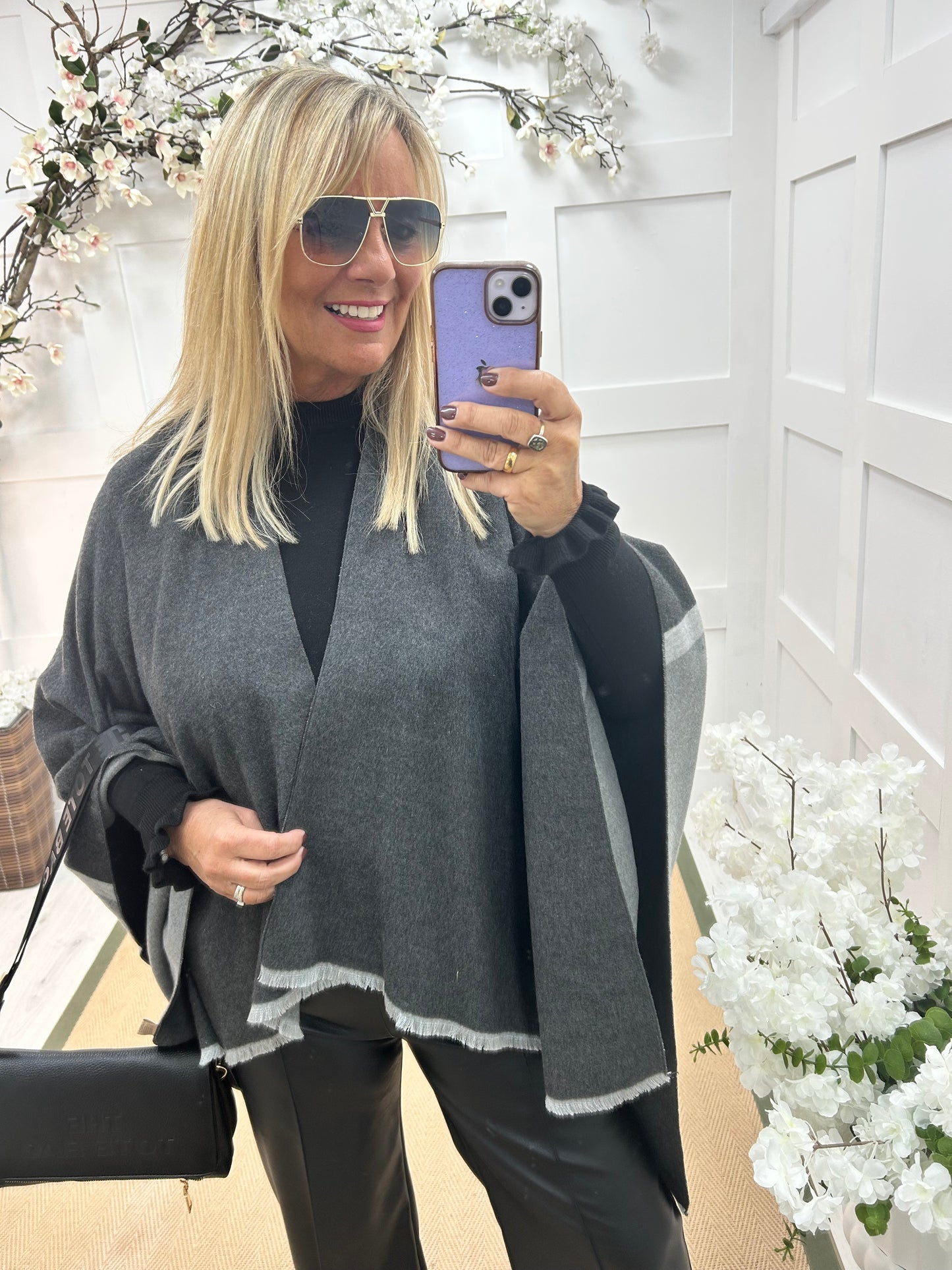 Nellie: Black & grey wool blend cape. Free size