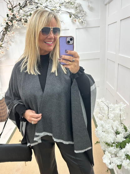 Nellie: Black & grey wool blend cape. Free size