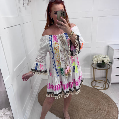 Maisie: White & multicoloured embroidered boho dress. One size: 12-18