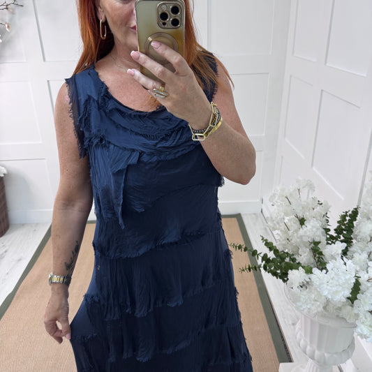 Alexa: Navy silk layered ruffle dress. One size: 14-18