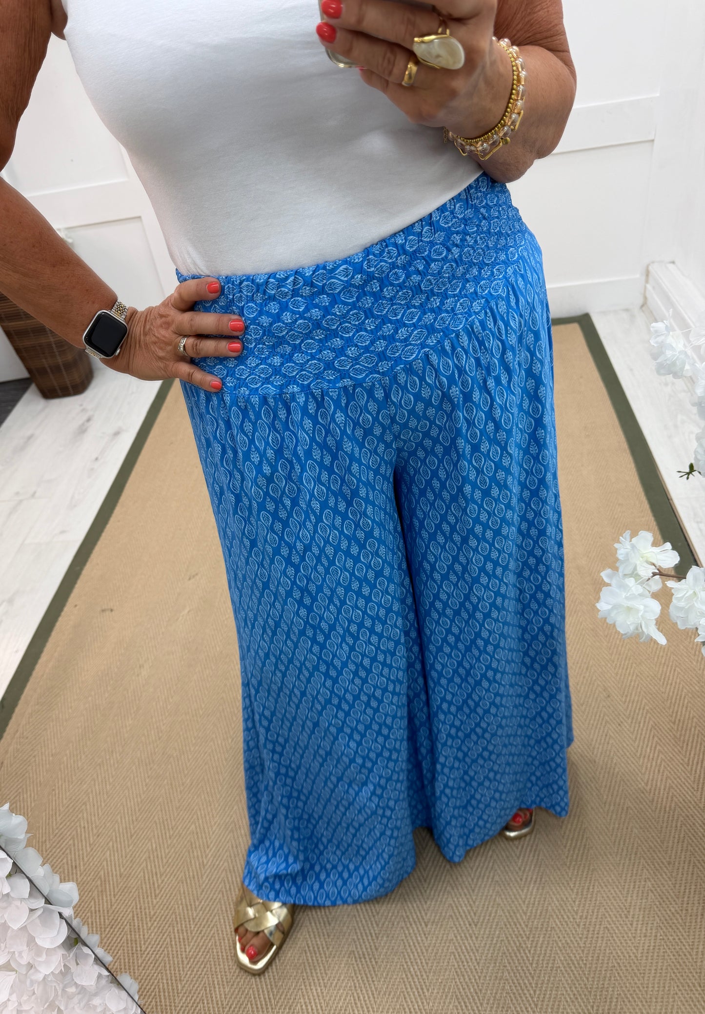 Tamara: Wide leg patterned trousers. One size: 10-16. 3 colours