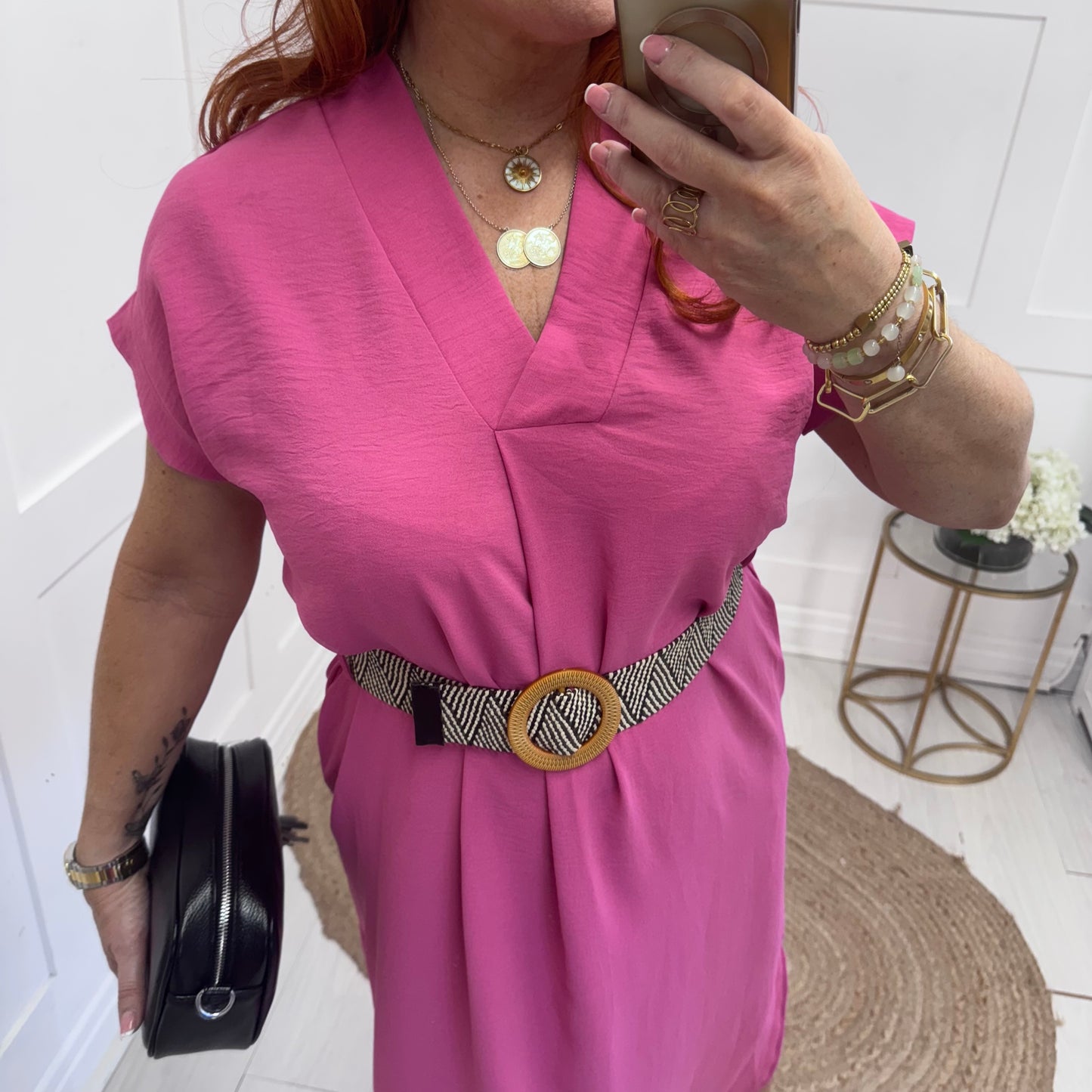 Azora: Pink V neck belted midi dress. One size 10-18