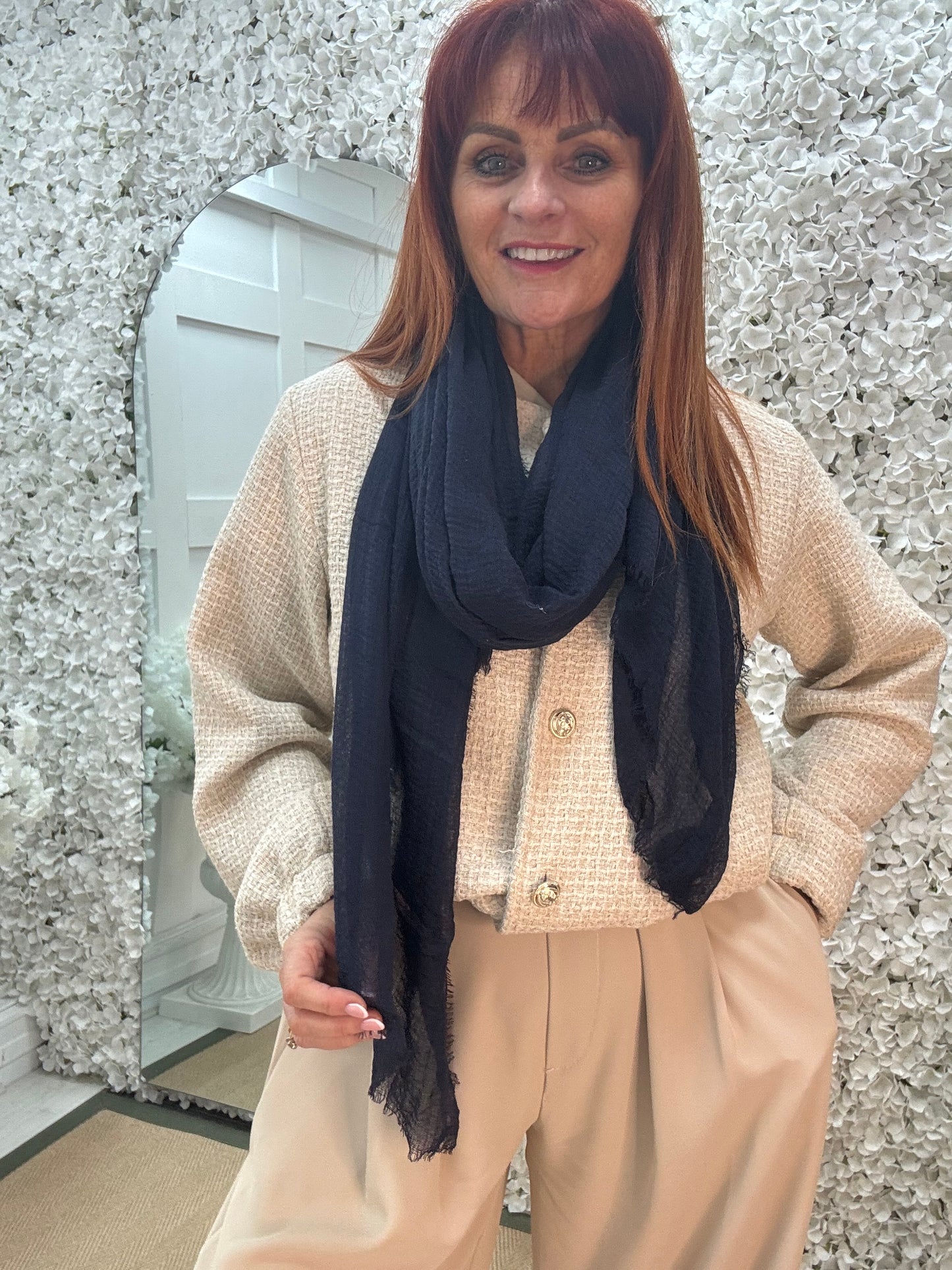Tula: Long frayed raw edge scarf. Various colours