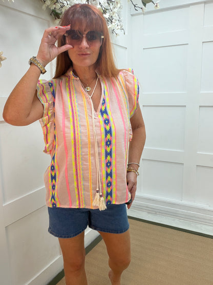 Alana: Aztec printed V neck tassel top. One size: 12-16. 2 colours