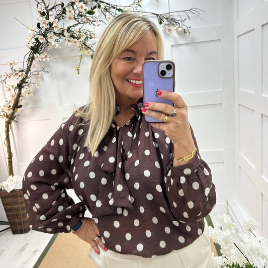 Dotty: Brown & cream spotty tie top. One size: 14-20