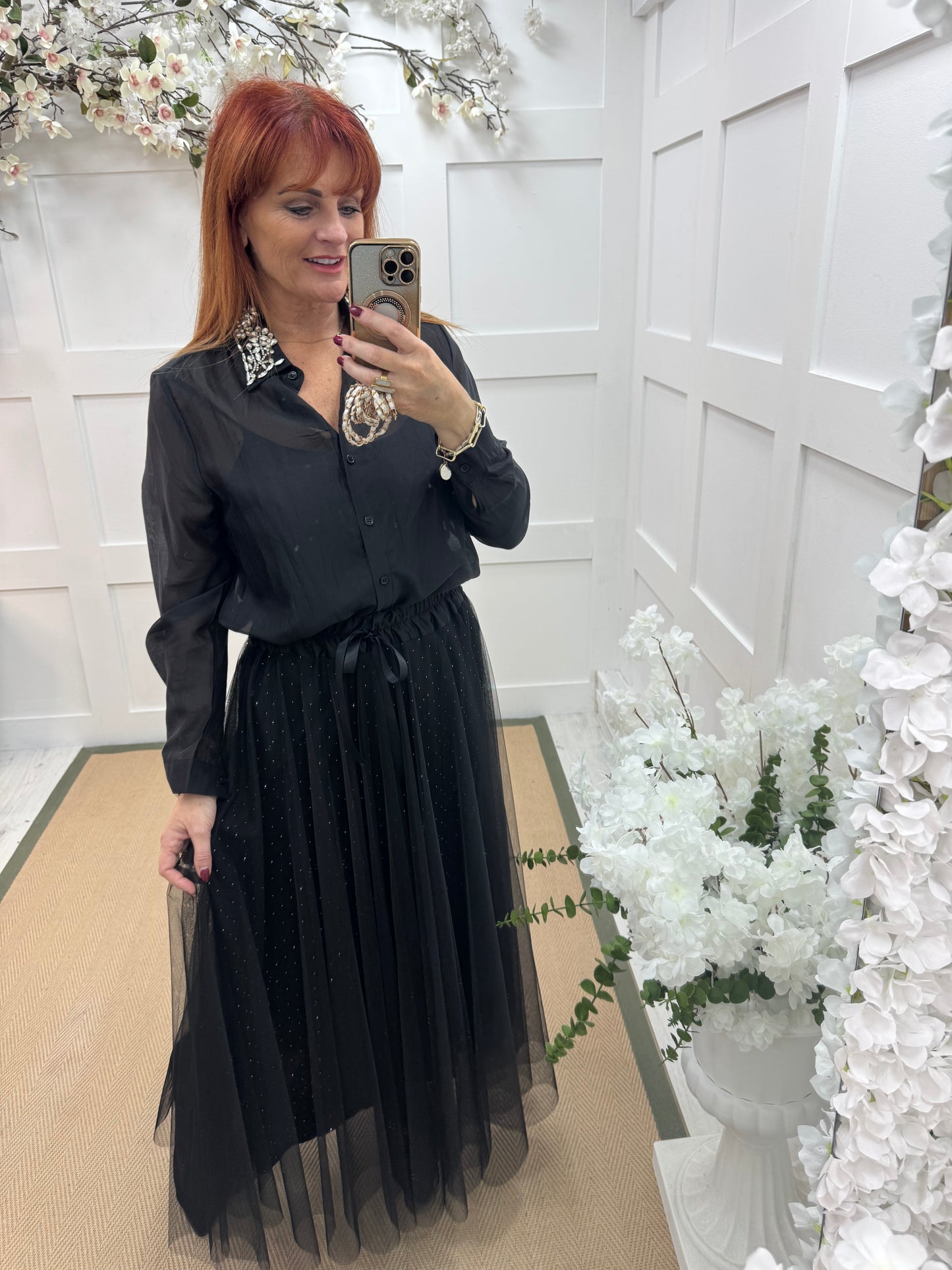 Azira: Black rhinestone collar sheer shirt. One size: 10-16