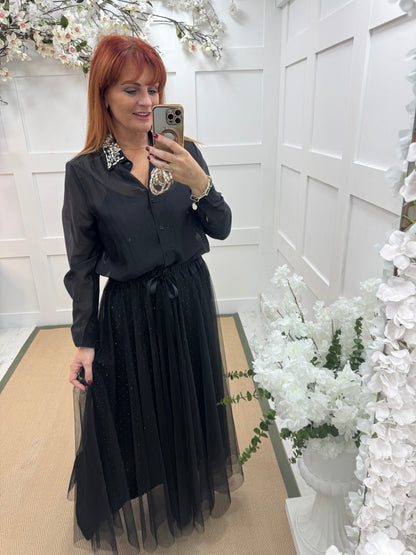 Azira: Black rhinestone collar sheer shirt. One size: 10-16