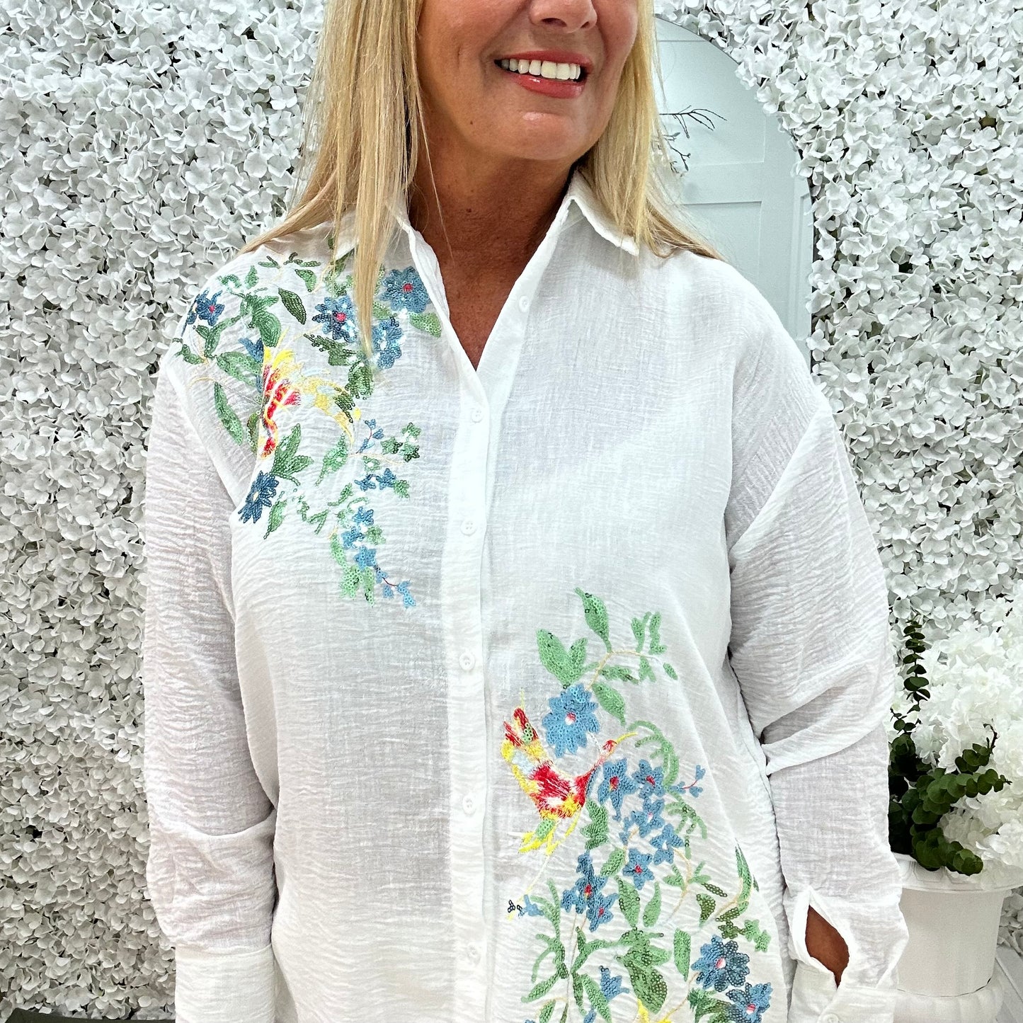 Indra: White sequin bird & flower cotton shirt. One size: 14-20