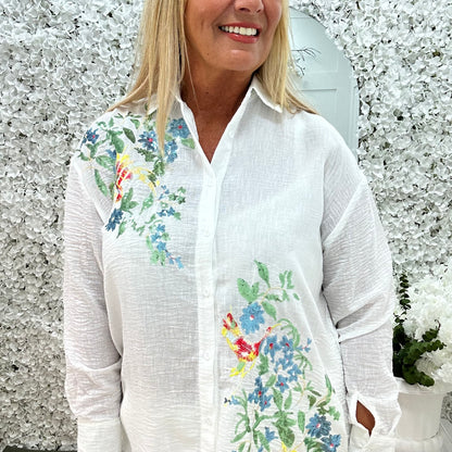 Indra: White sequin bird & flower cotton shirt. One size: 14-20